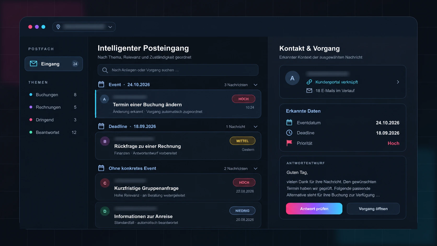 Anonymisierte standortübergreifende E-Mail-Verwaltung mit Eventgruppen, erkannten Fristen, Prioritäten und Kundenportal-Verknüpfung