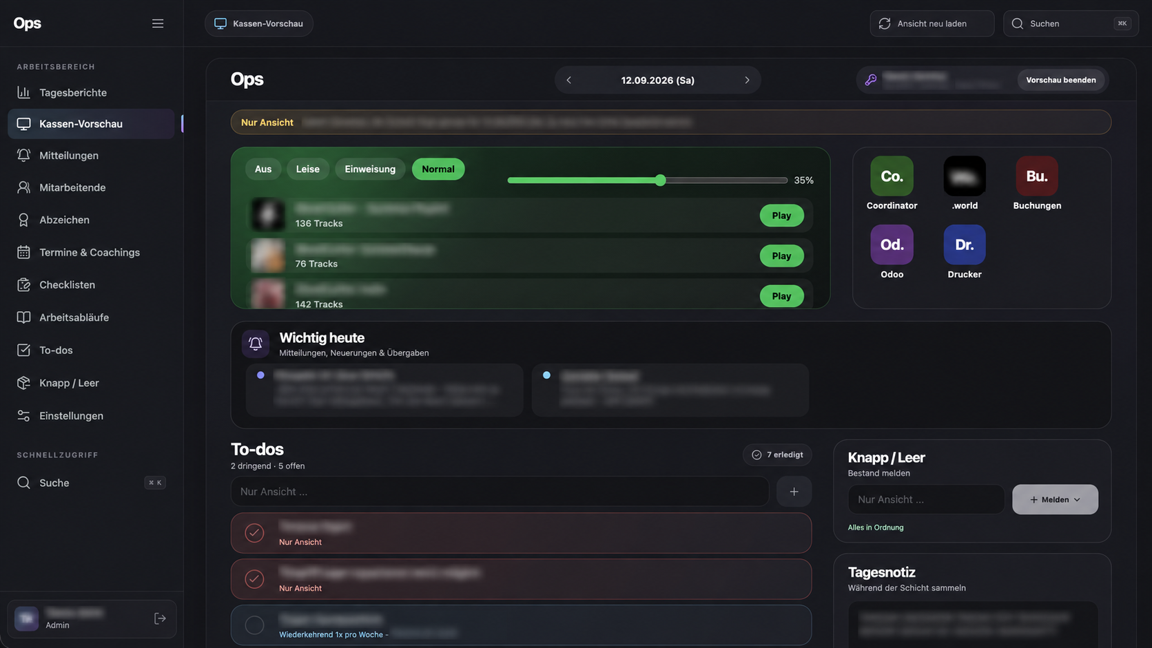 Anonymisierte Betriebssoftware mit Musiksteuerung, Aufgaben, Übergaben und Systemzugriffen